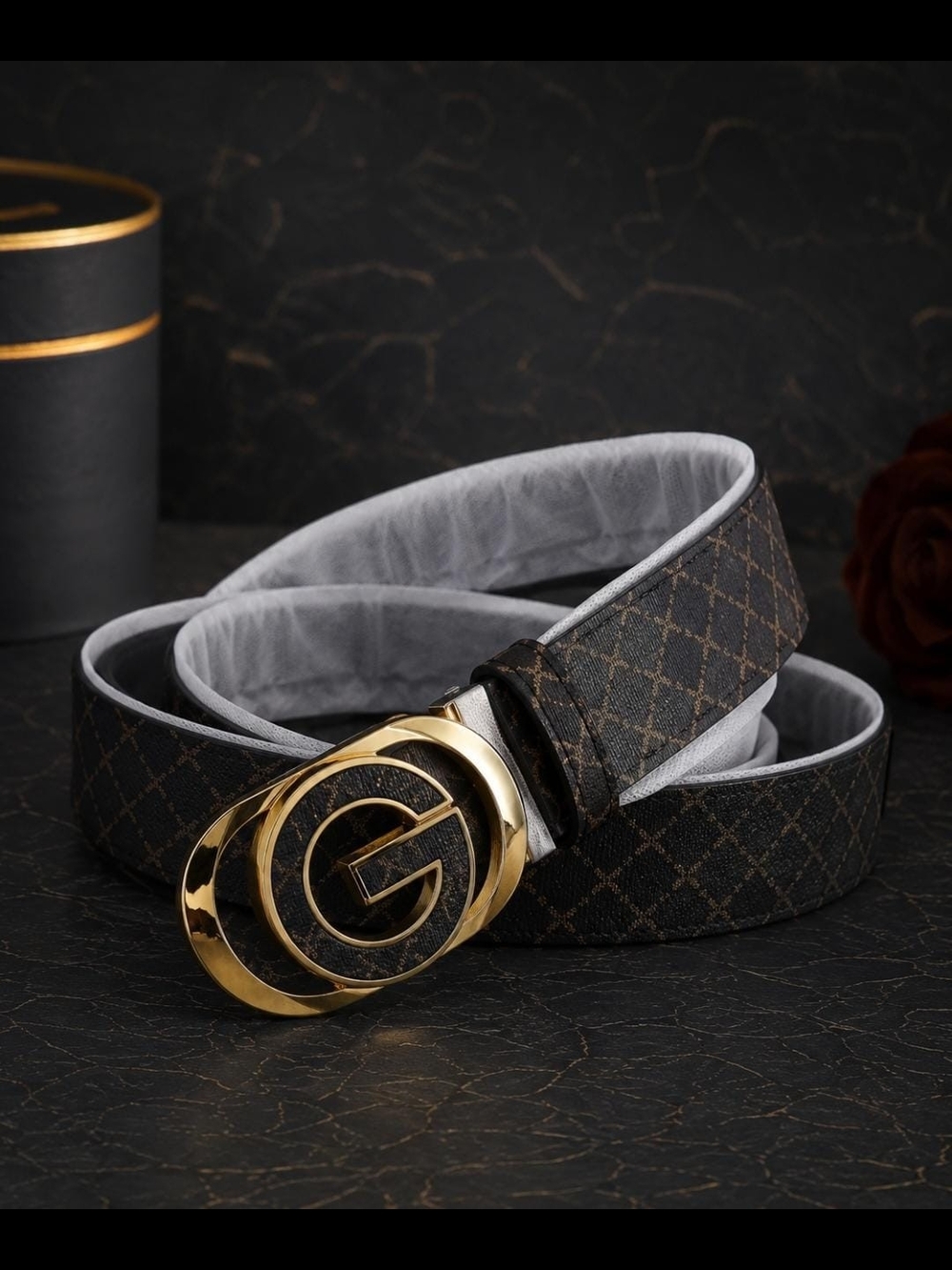 Men’s Black Brown Patterned Belt with Gold G Buckle